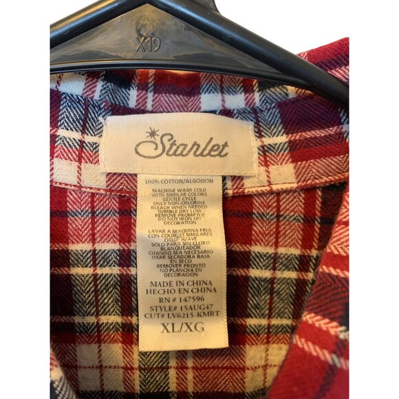 🍒 2/$20 🍒 Red Plaid with Lace Fringe and Explore Screen Print Flannel sz XL - Picture 5 of 8